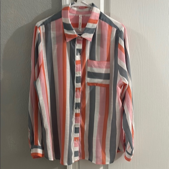 NY Collection Pink and Gray Casual Button Down Shirt - Picture 6 of 6